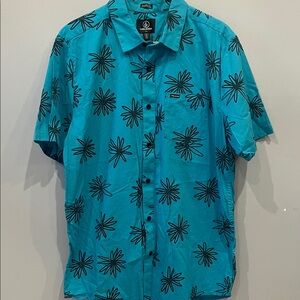 Volcom Men's Teal Short-Sleeve Printed Button-Up Shirt